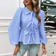 Damen Bluse mit dekorativen Bändchen und Volantärmeln WW