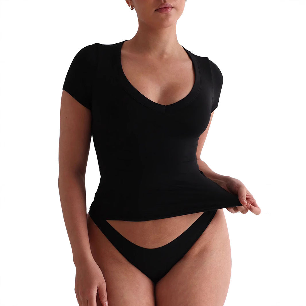 Damen figurbetontes V-Neck T-Shirt mit kurzen Ärmeln WW