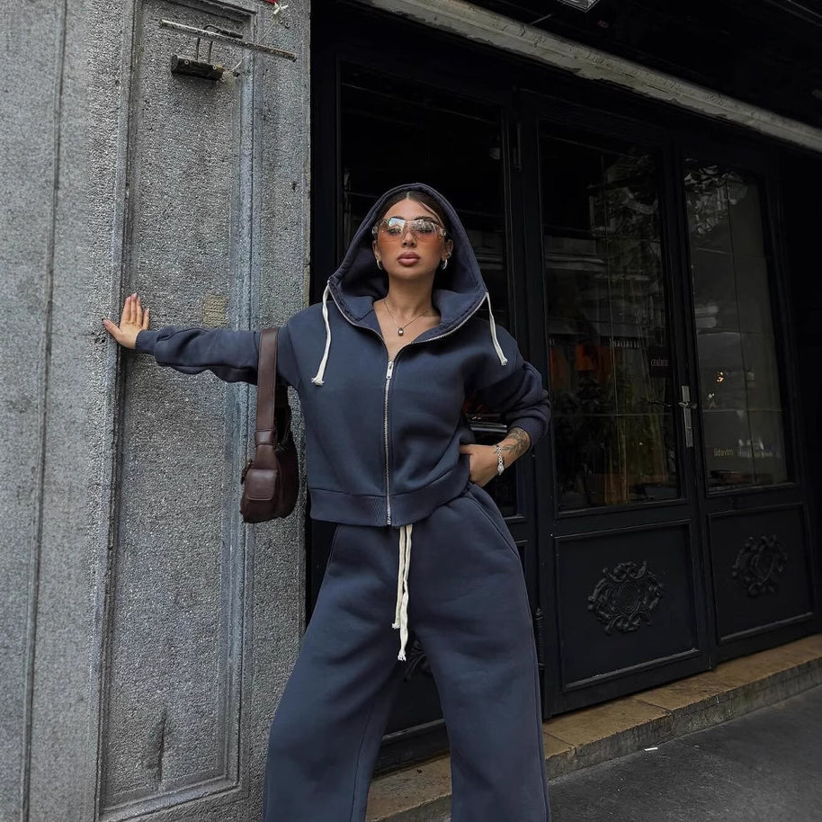 Damen sportlicher Fleece-Hoodie und lässige Jogginghose Set WW