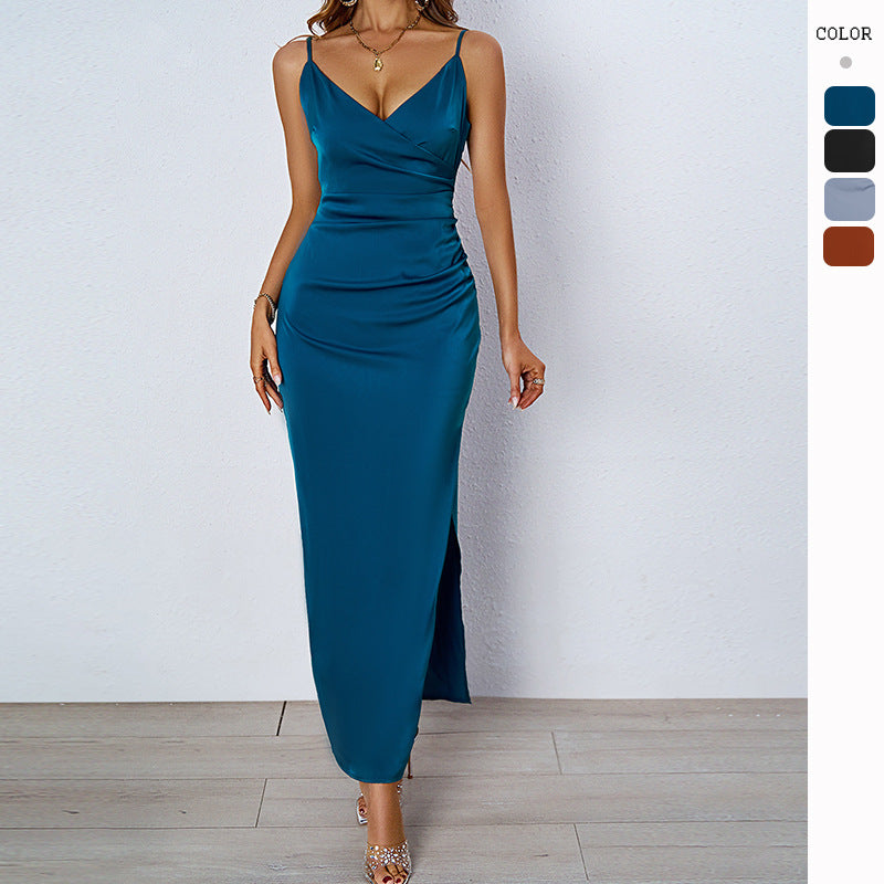 Damen figurbetontes Abendkleid mit V-Ausschnitt und elegantem Drapierungsdesign WW