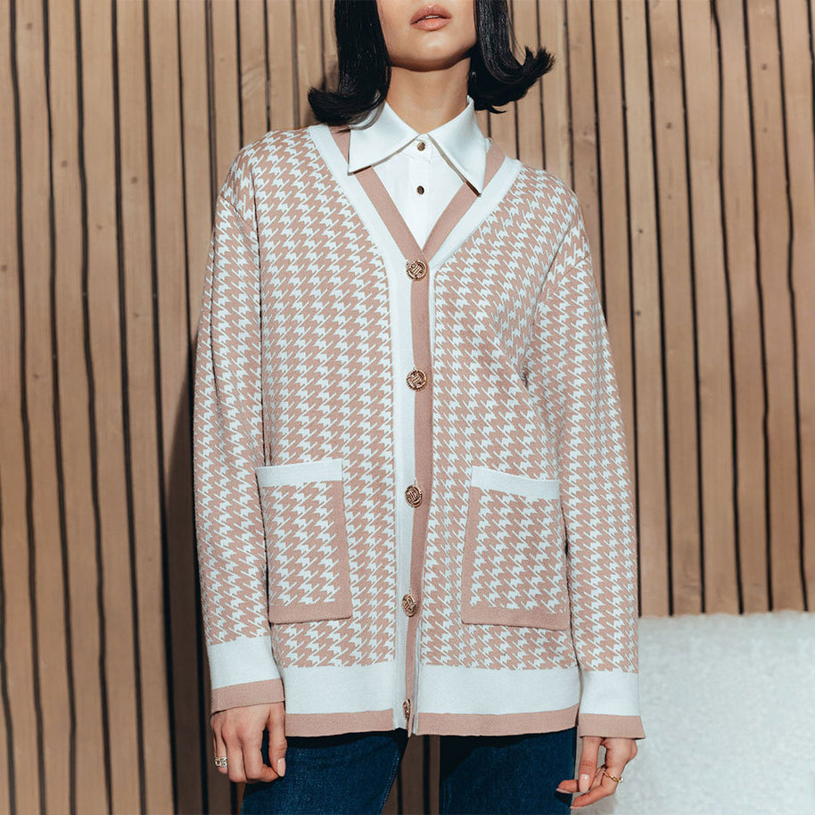 Damen Strickcardigan mit klassischem Hahnentritt-Muster und Knopfleiste WW