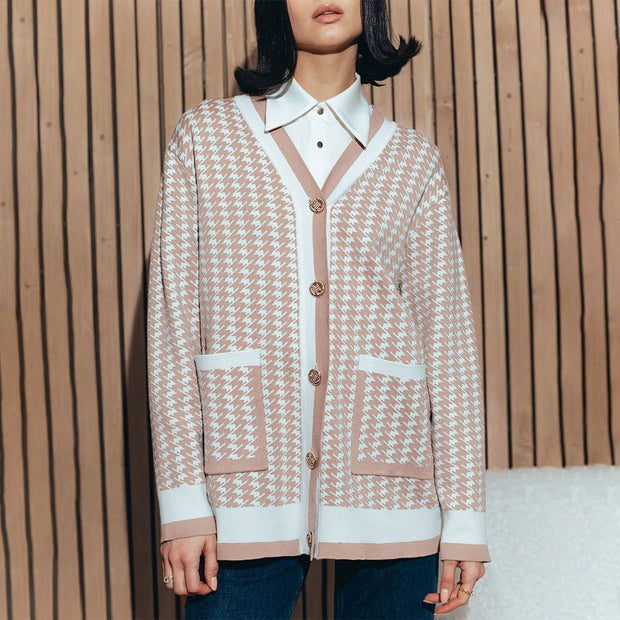 Damen Strickcardigan mit klassischem Hahnentritt-Muster und Knopfleiste WW