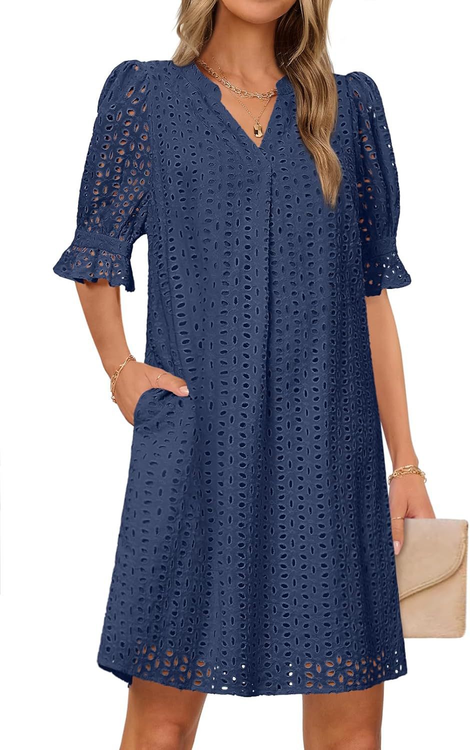 Damen luftiges Sommerkleid mit romantischem Lochmuster und praktischen Taschen W&W Mode