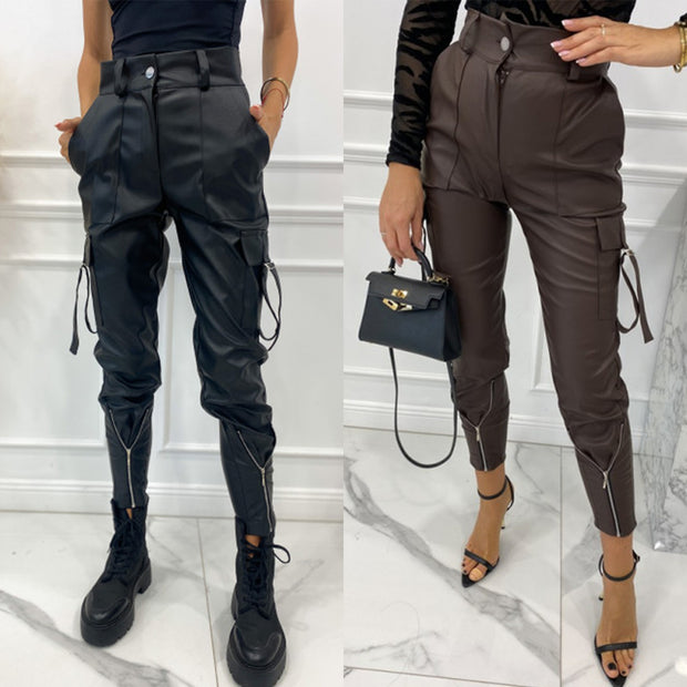 Damen wasserdichte Kunstleder-Cargo-Hose mit Reißverschlüssen und verstellbaren Bündchen WW