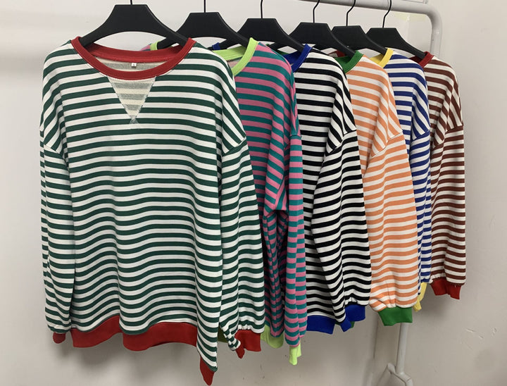 Damen Bequeme Streifenpulli mit Raglanärmeln und elastischen Bündchen W&W Mode