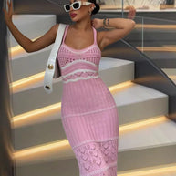 Damen Strick-Maxikleid mit raffinierten Häkelmustern und seitlichem Schlitz WW