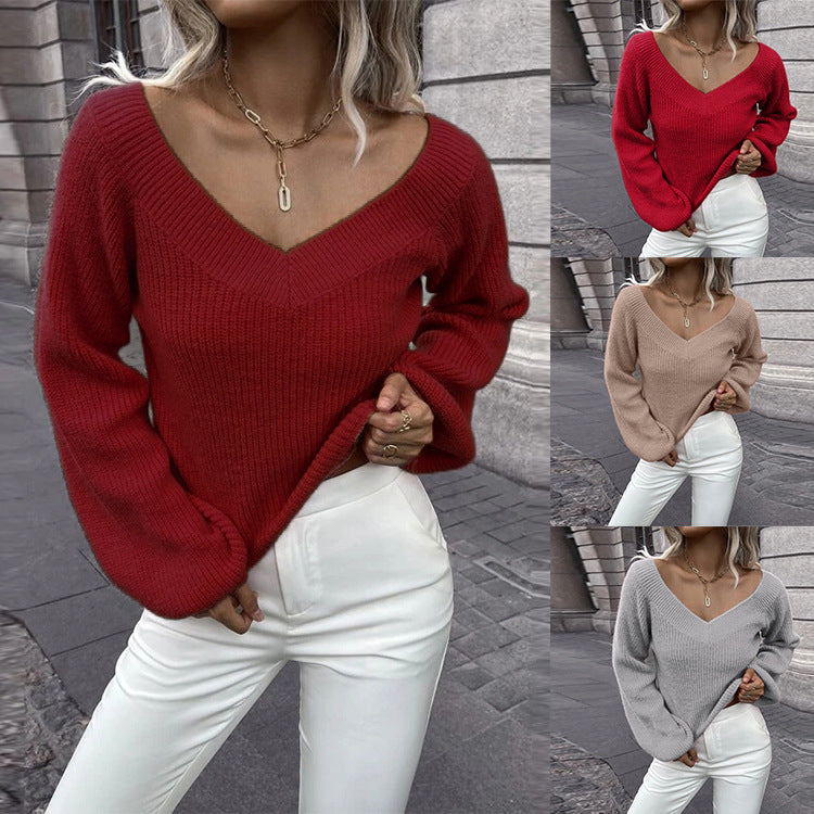 Damen Strickpullover mit V-Ausschnitt und weitem Ärmel WW