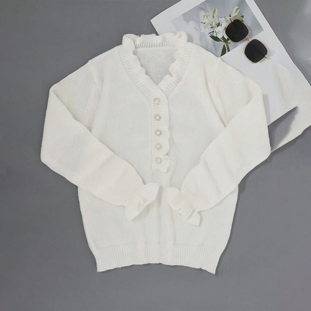 Damen Strickpullover mit Rüschendetails und perlenverzierten Knöpfen WW