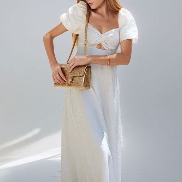 Damen Maxikleid mit voluminösen Puffärmeln und raffiniertem Schlüssel-Ausschnitt W&W Mode