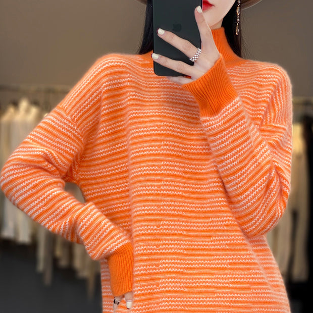 Damen Strickpullover mit modernem Streifenmuster und bequemen Daumenlöchern WW