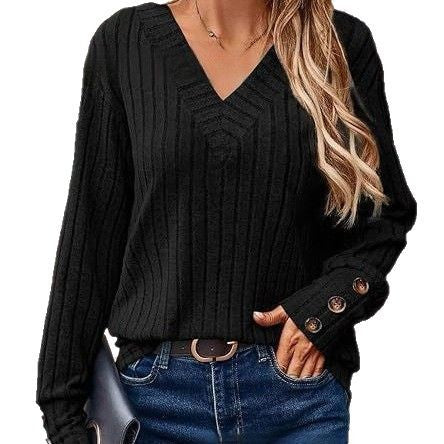 Damen Strickpullover mit V-Ausschnitt und dekorativen Knopfdetails WW