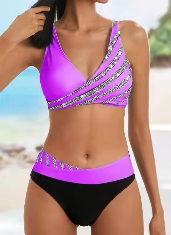 Damen Bikini-Set mit asymmetrischem Oberteil und Kontrast-Design WW