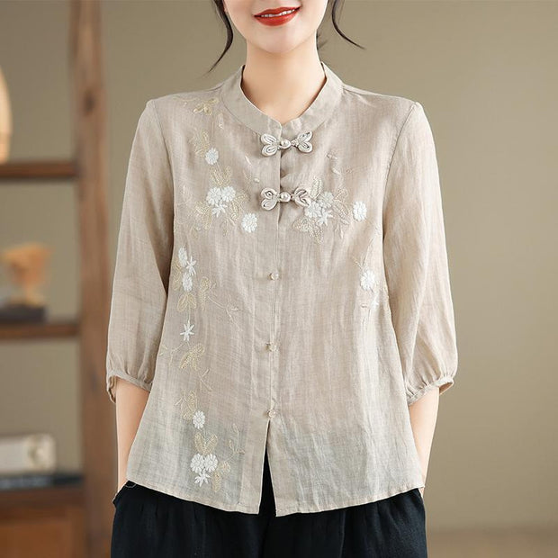 Damen Bestickte Bluse mit halben Ärmeln und Mandarin-Kragen WW