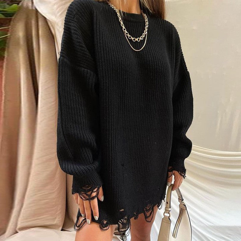 W&W Mode Ripped O Neck Oversized Sweater Kleid