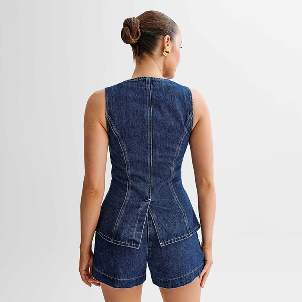 W&W Mode | Denim Slim Fit Weste Shorts Zweiteiliges Set