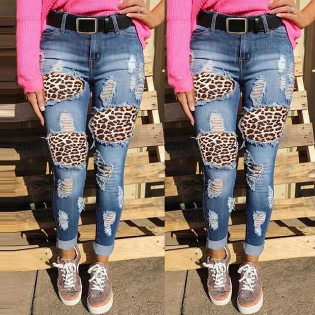 Damen skinny Jeans mit Leoparden-Patch und Vintage-Effekten WW
