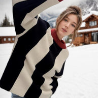 Damen Strickpullover mit gerafften Ärmeln und kontrastierendem Streifenmuster WW