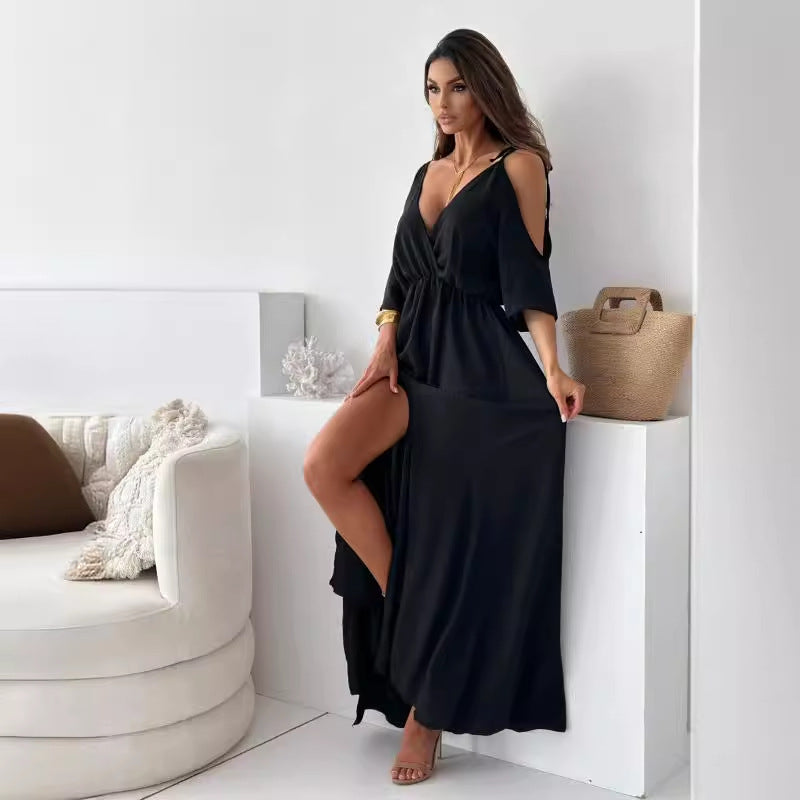 WW | Satin-Träger-Spitzen-V-Ausschnitt-Langes Kleid