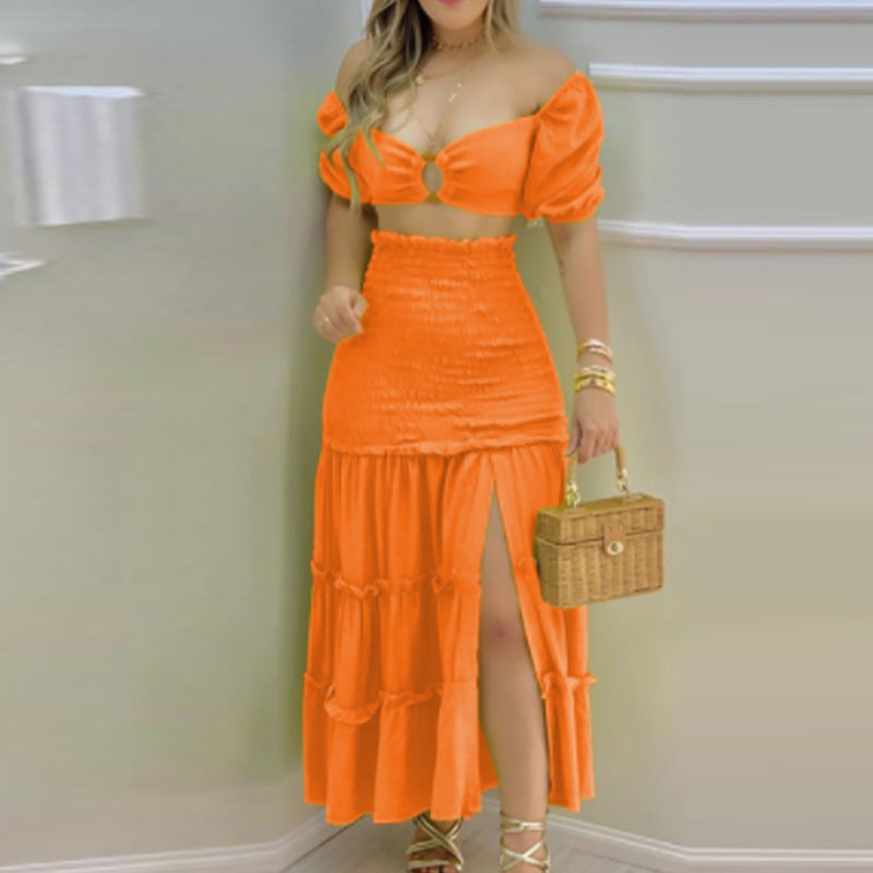 Damen Zweiteiler mit schulterfreiem Crop-Top und schwingendem Rock W&W Mode