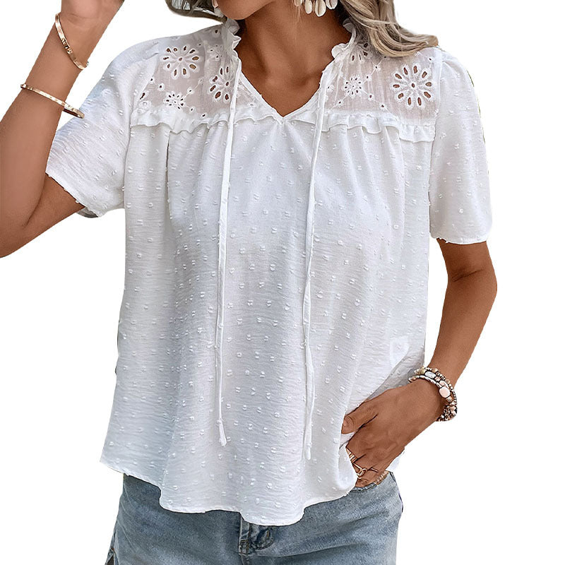 Damen Bluse mit besticktem Kragen und Rüschendetails WW