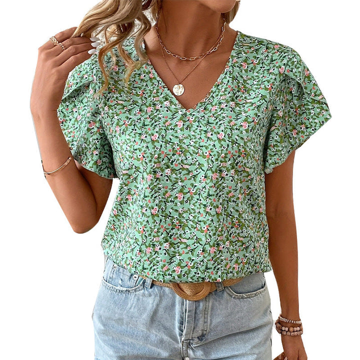 Damen V-Ausschnitt Bluse mit floralem Muster und Rüschendetails W&W Mode