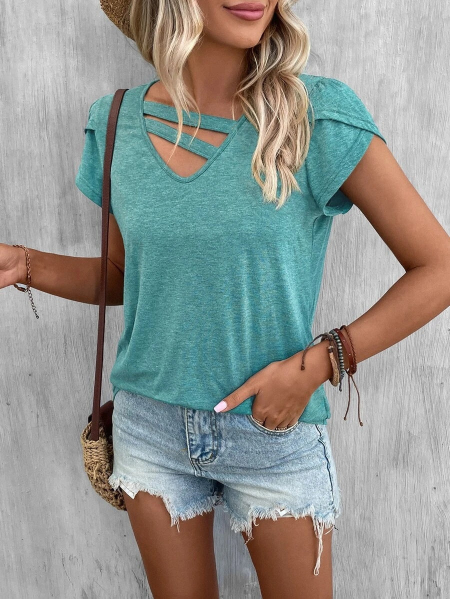 Damen lässiges Kurzarm T-Shirt mit einzigartigem Kreuz-Ausschnitt WW