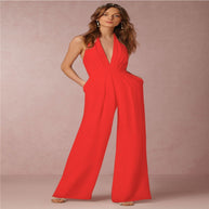 Damen eleganter Jumpsuit mit tiefem V-Ausschnitt und weitem Bein WW