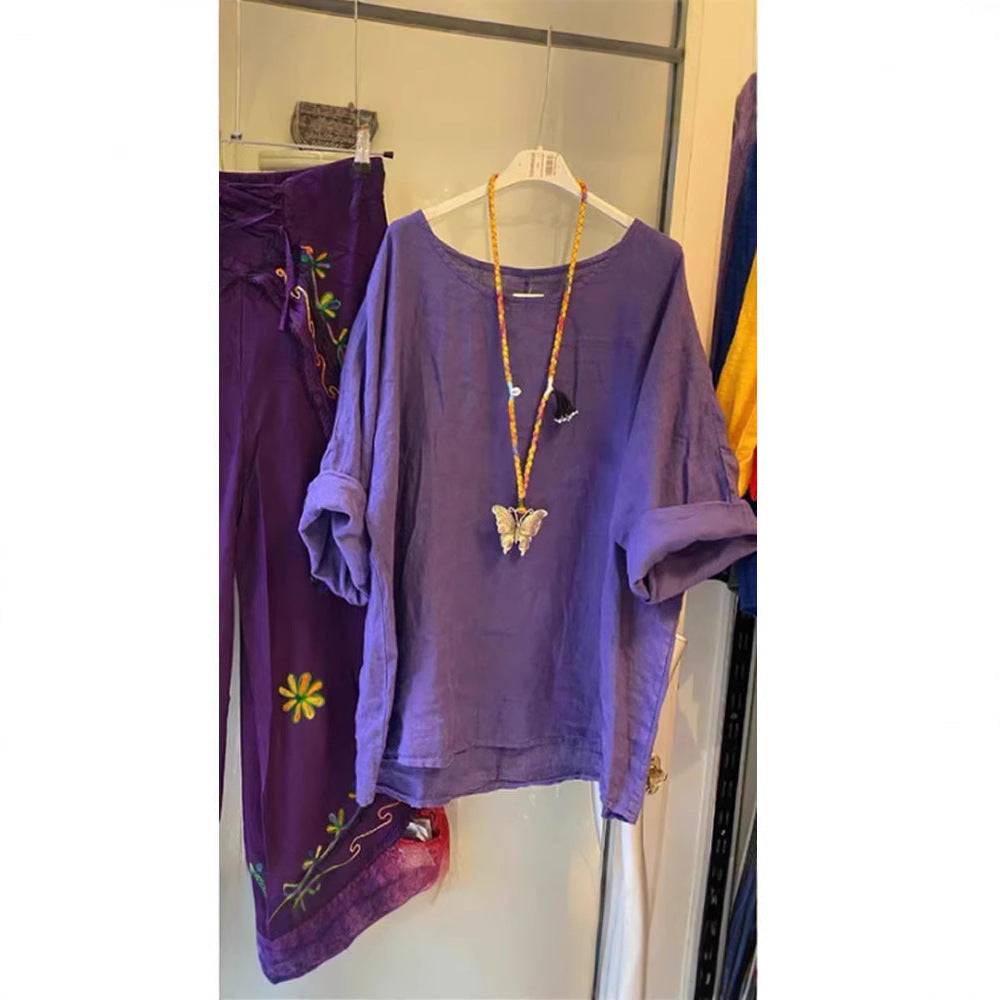 Damen Lockere Leinenbluse mit lässigem Schnitt und Rollärmeln W&W Mode