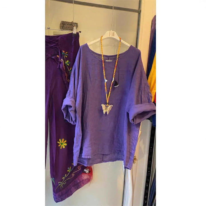 Damen Lockere Leinenbluse mit lässigem Schnitt und Rollärmeln W&W Mode