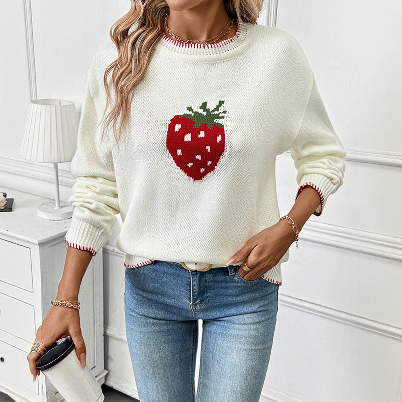 Damen Strickpullover mit fruchtigem Erdbeer-Motiv und lässigem Schnitt WW