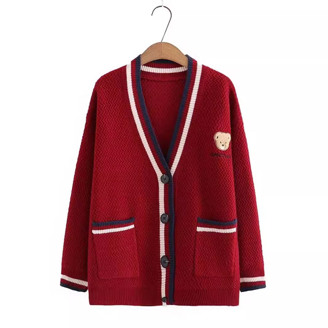 Damen Strickjacke mit Bärenmotiv und Kontraststreifen WW