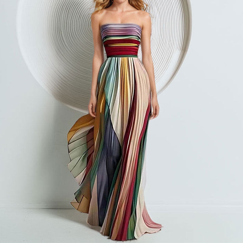 Damen Elegantes Maxikleid mit gerafftem Oberteil und farbenfrohem Streifenmuster W&W Mode
