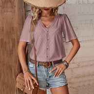 Damen Bluse mit dekorativem Lochmuster und elegantem V-Ausschnitt WW
