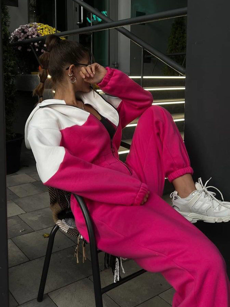 Damen sportlicher Zweiteiler mit kontrastierenden Farben und praktischen Taschen WW