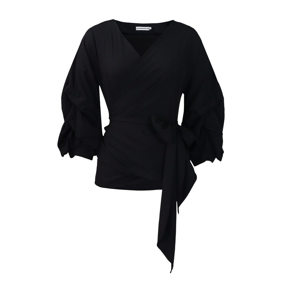 Damen Wickelbluse mit voluminösen Ärmeln und eleganter Schleifenbindung WW