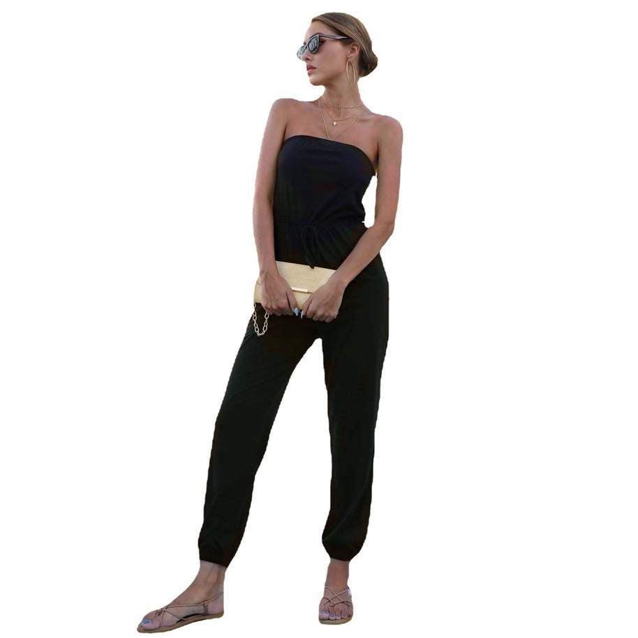 Damen Jumpsuit mit trägerlosem Schnitt und elastischem Taillengürtel WW