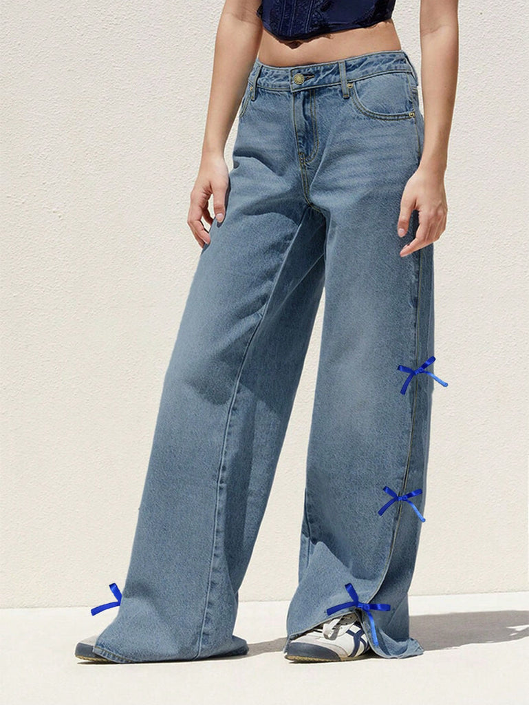 Damen weite Jeanshose mit dekorativen Schleifen WW