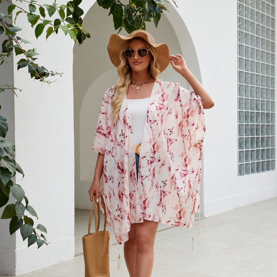 Damen eleganter Kimono mit kunstvollem floralem Muster und fransigen Kanten WW