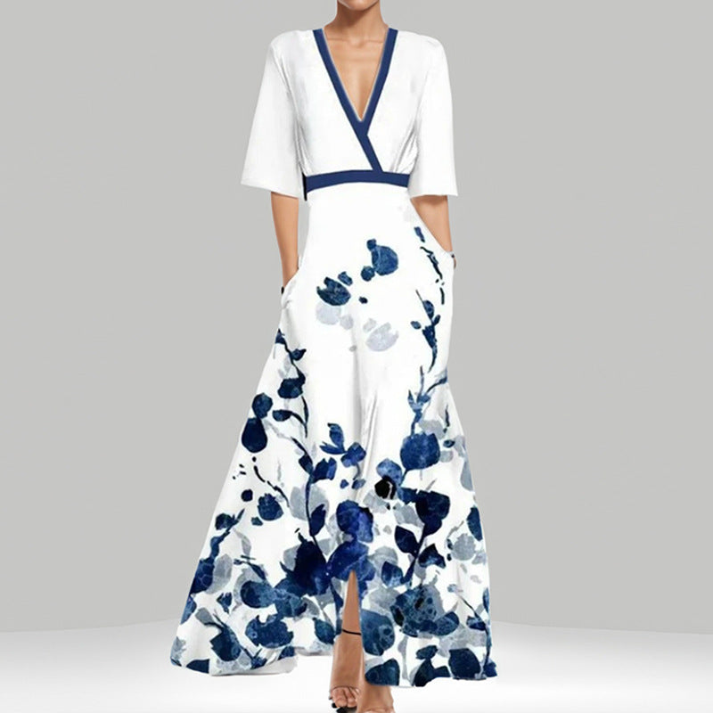W&W Mode | Elegantes V-Ausschnitt bedrucktes Taillenkleid mit Schößchen