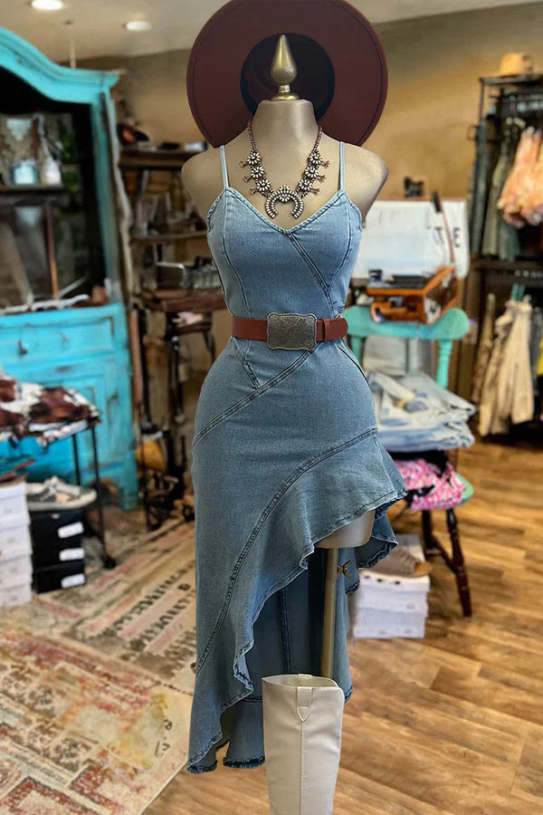 WW | Rüschensaum Denim Split Kleid