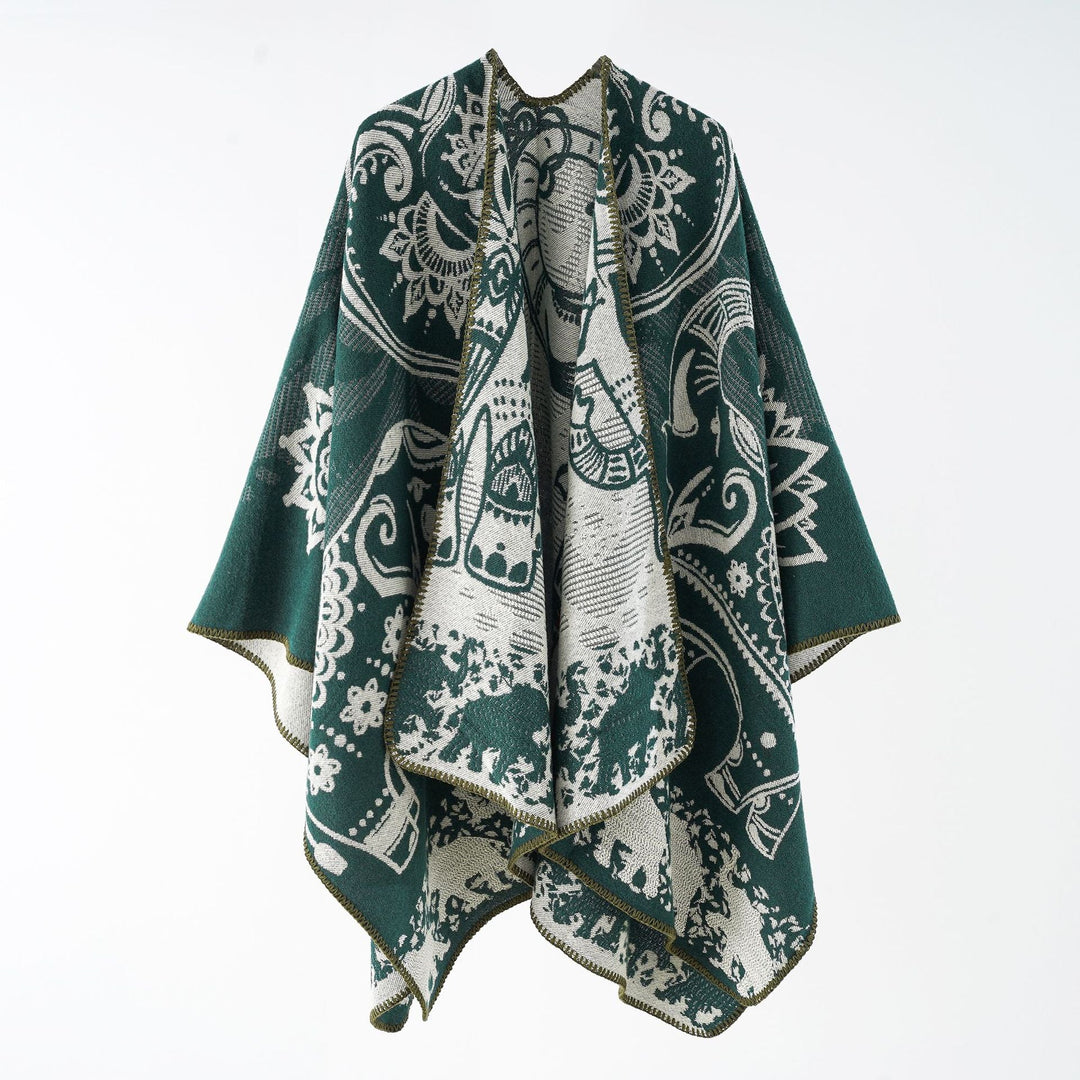 Damen eleganter Übergang-Poncho mit kunstvollem floralen Muster und fransigen Abschlüssen W&W Mode