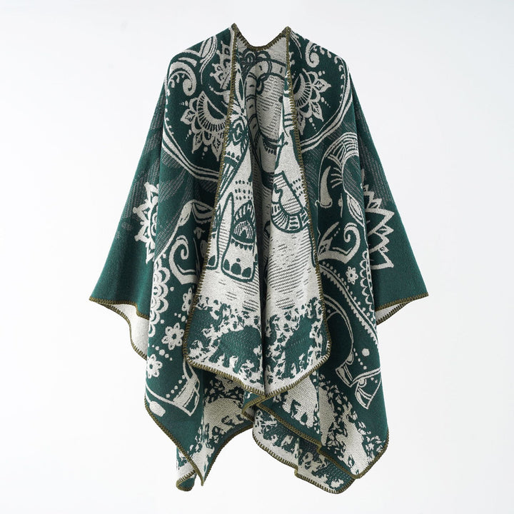 Damen eleganter Übergang-Poncho mit kunstvollem floralen Muster und fransigen Abschlüssen W&W Mode