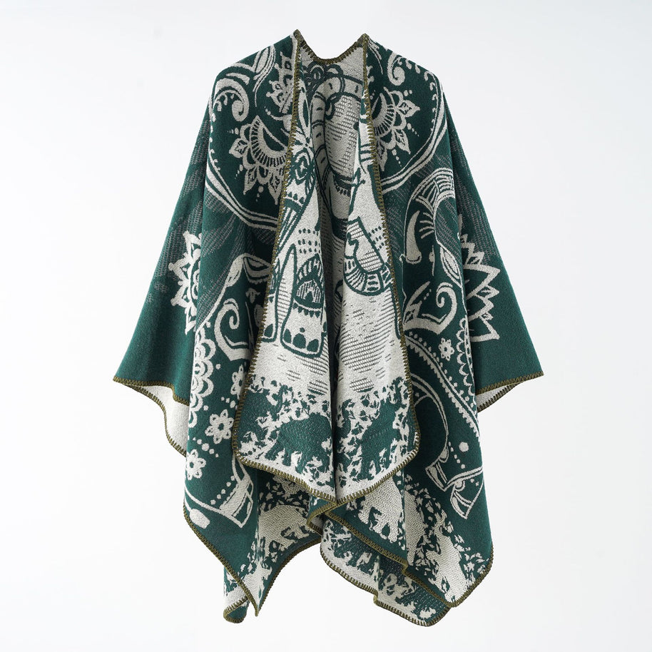 Damen eleganter Übergang-Poncho mit kunstvollem floralen Muster und fransigen Abschlüssen WW