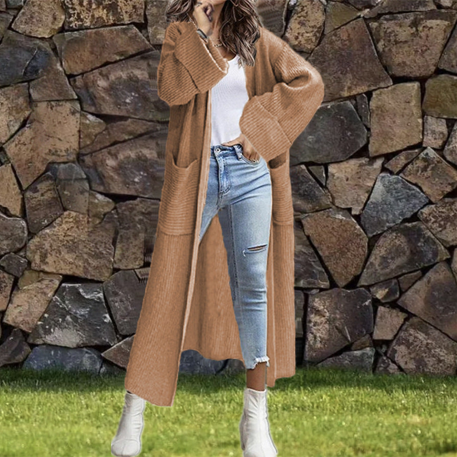 Damen Lange Strickjacke mit modischer Struktur und praktischen Taschen WW