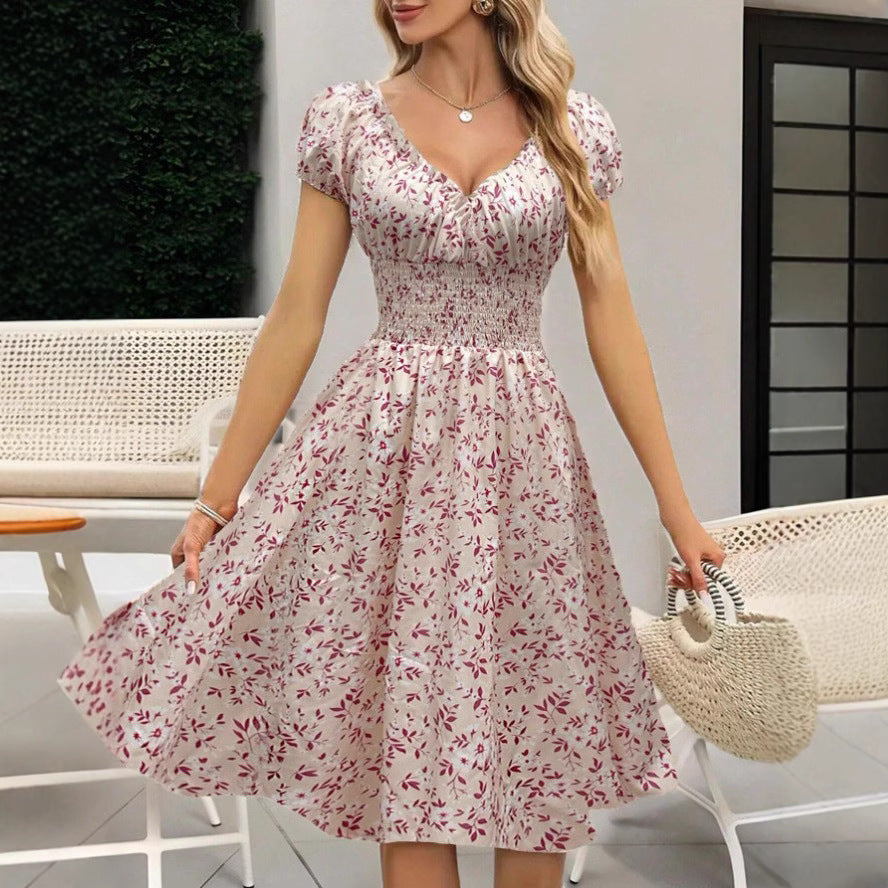 Damen Floral Midi-Kleid mit elastischem Bund und Puffärmeln W&W Mode