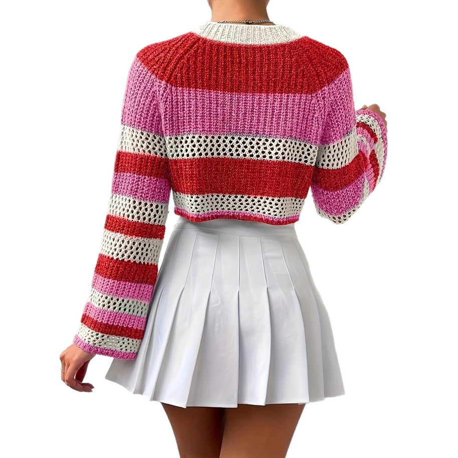 Damen Strickpullover mit verspieltem Lochmuster und bunten Streifen WW