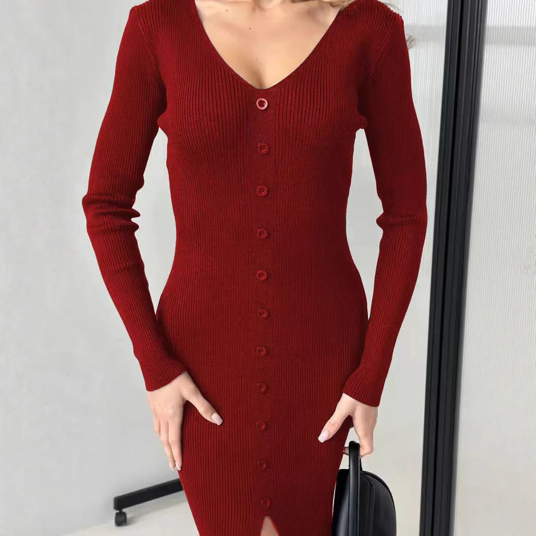 Damen Strickkleid mit fein strukturierter Rippoptik und eleganten Knopfdetails WW