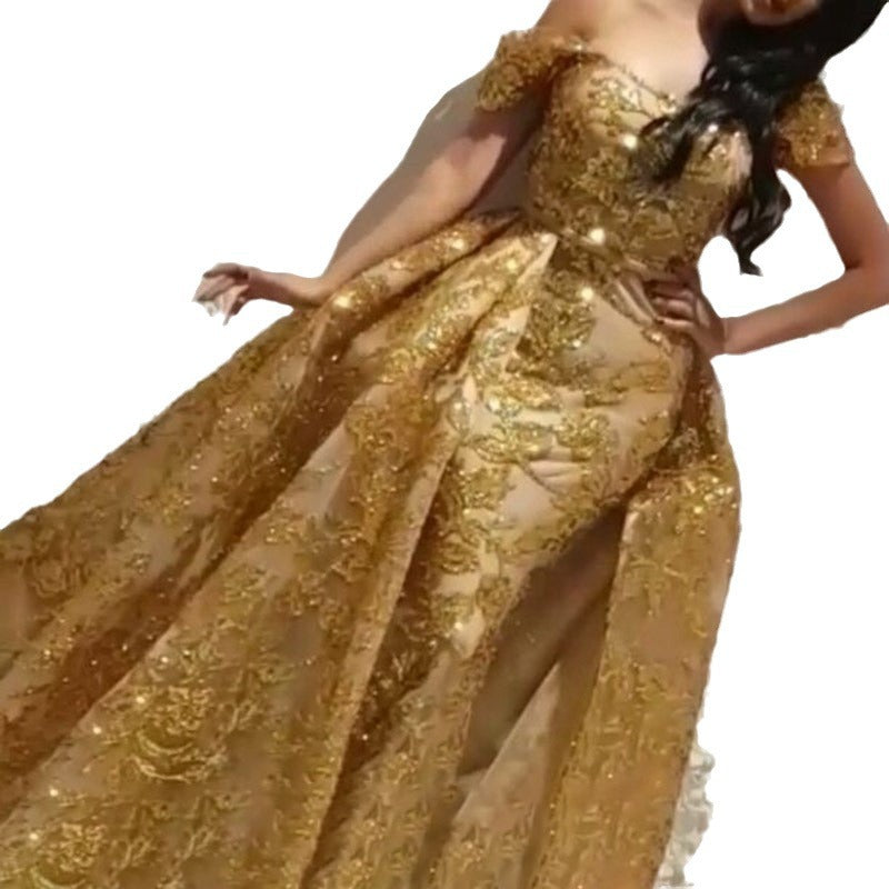 Damen Glamouröses Abendkleid mit aufwendiger goldener Paillettenverzierung und eleganten Puffärmeln WW