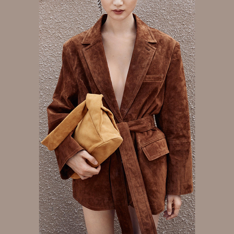 Damen Samt Blazerjacke mit Gürtel und eleganter Passform WW