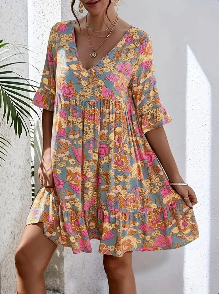 Damen Freizeitkleid mit V-Ausschnitt und fließendem Schnitt W&W Mode